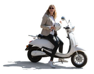 backlit woman sitting on a white electric motor scooter