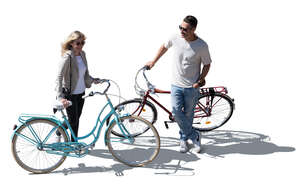 Top view of a two people with bikes standing