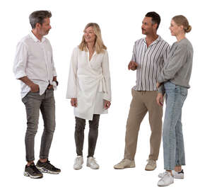 group of four friends standing and talking