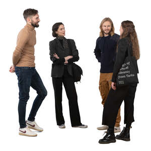 group of four people standing and talking