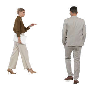 cut out woman and man in a modern office walking