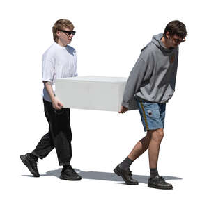 two cut out young men carrying a large box