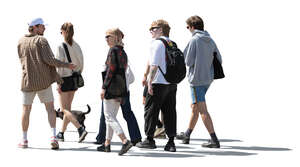 cut out backlit group of young people and a dog walking