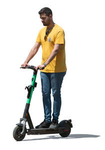 cut out young man riding a rental electric scooter