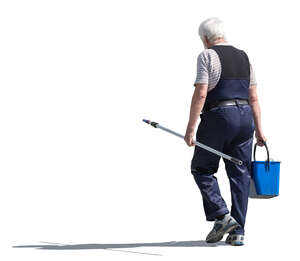 older worker walking and carrying a bucket