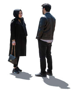 cut out backlit middle eastern man and woman standing and talking