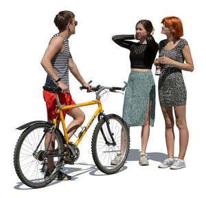 cut out young man with a bike talking to two girls