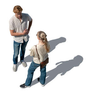 top view of two people standing and talking
