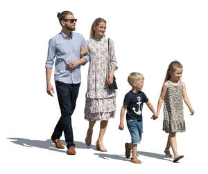 cut out family with two kids walking in summer