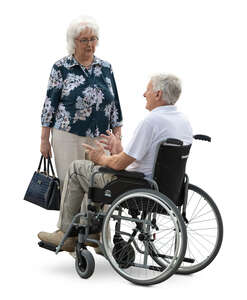 cut out woman talking to an elderly man sitting in a wheelchair