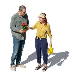 top view of an elderly couple planting flowers