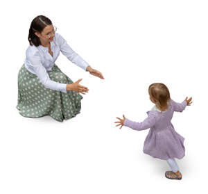 top view of a daughter running to her mother