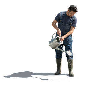 cut out asian man watering plants in the garden