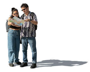 two people standing and looking at a map