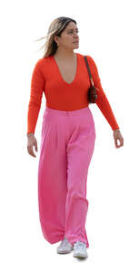 cut out woman in a pink costume walking