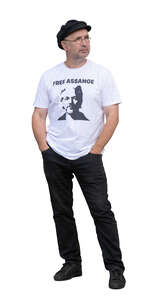cut out man with free assange tshirt standing