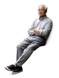 older asian man with grey hair sitting