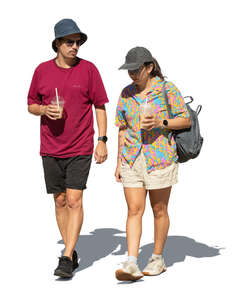 two people walking and drinking ice coffee