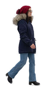 cut out woman wearing a winter parka walking
