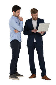 two men standing and looking at a computer