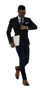 cut out black businessman walking hurriedly