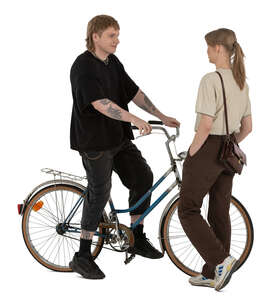 cut out woman talking to a young man with a bike