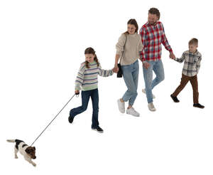 cut out family with two kids and a dog walking seen from above