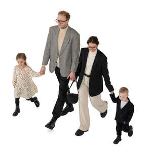 cut out family with kids walking hand in hand seen from above