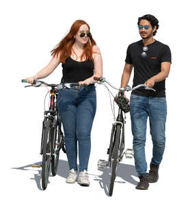 man and woman with bicycles walking