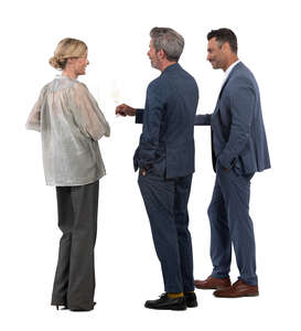 three cut out people standing at the bar and having a conversation