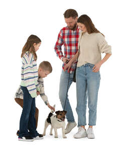 cut out family with kids petting a dog 
