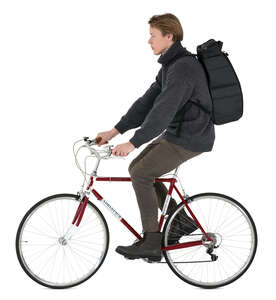 cut out man with a backpack riding a bicycle