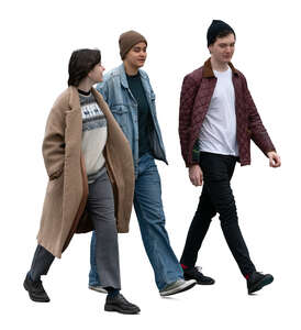 cut out group of three friends walking casually