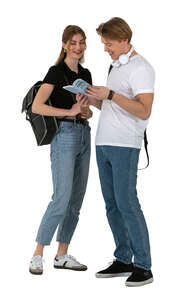 two university students standing and discussing a book