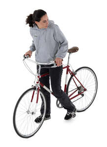 top view of a woman with a bike standing