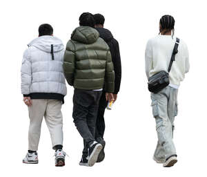 cut out group of young men in puffer jackets walking
