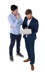 top view of two businessmen with a laptop standing