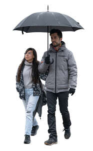 cut out couple sharing an umbrella on a rainy day