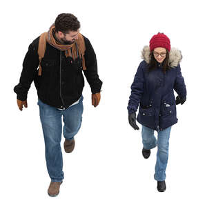 top view of two people walking in winter