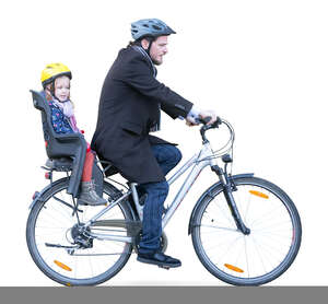 man with a child sitting on the back riding a bike