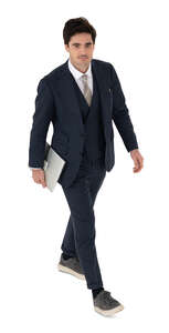 top view of a man in a suit walking