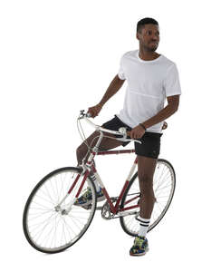 cut out sporty black man stopping while riding a bike