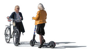 cut out woman with a bike  talking to a woman with a scooter