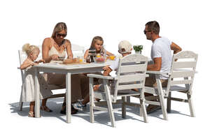 cut out family eating breakfast outside in summer