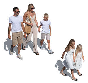 top view of a family with three kids walking 