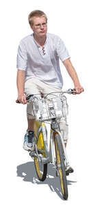 cut out young man in white summer clothes riding a bike