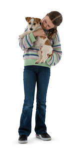 cut out little girl standing and holding a puppy