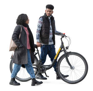 two cut out people with a bicycle walking in the spring