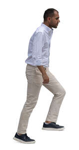 cut out man in a summer suit walking up the stairs