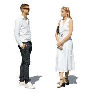video with alpha channel with two fancy people standing and talking in sunlight